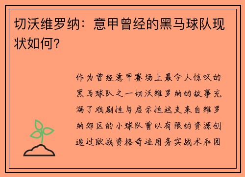 切沃维罗纳：意甲曾经的黑马球队现状如何？